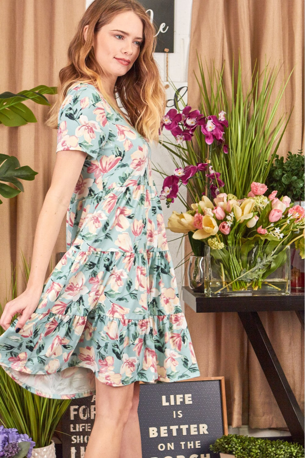 P17927 Layered Floral Print Dress - Sky / Pink / Black