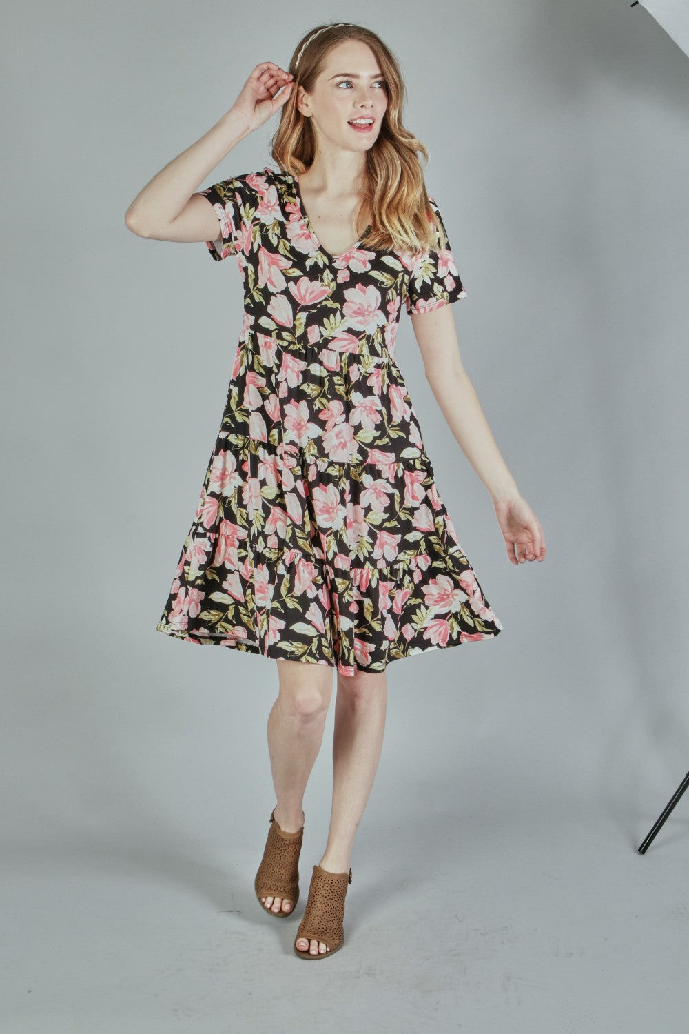 P17927 Layered Floral Print Dress - Sky / Pink / Black