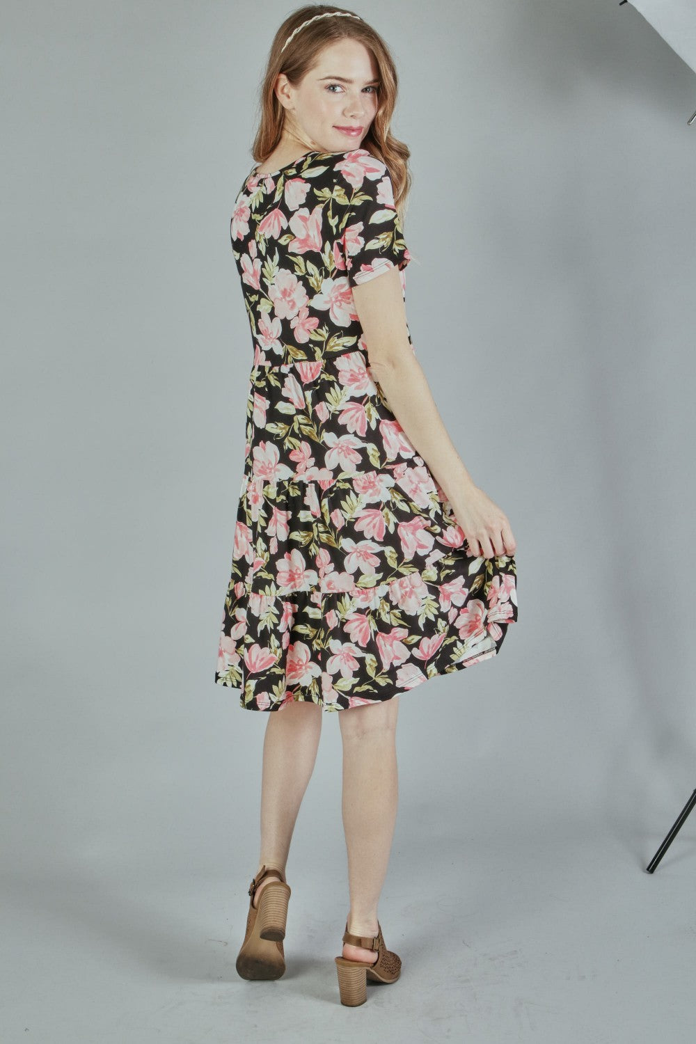 P17927 Layered Floral Print Dress - Sky / Pink / Black