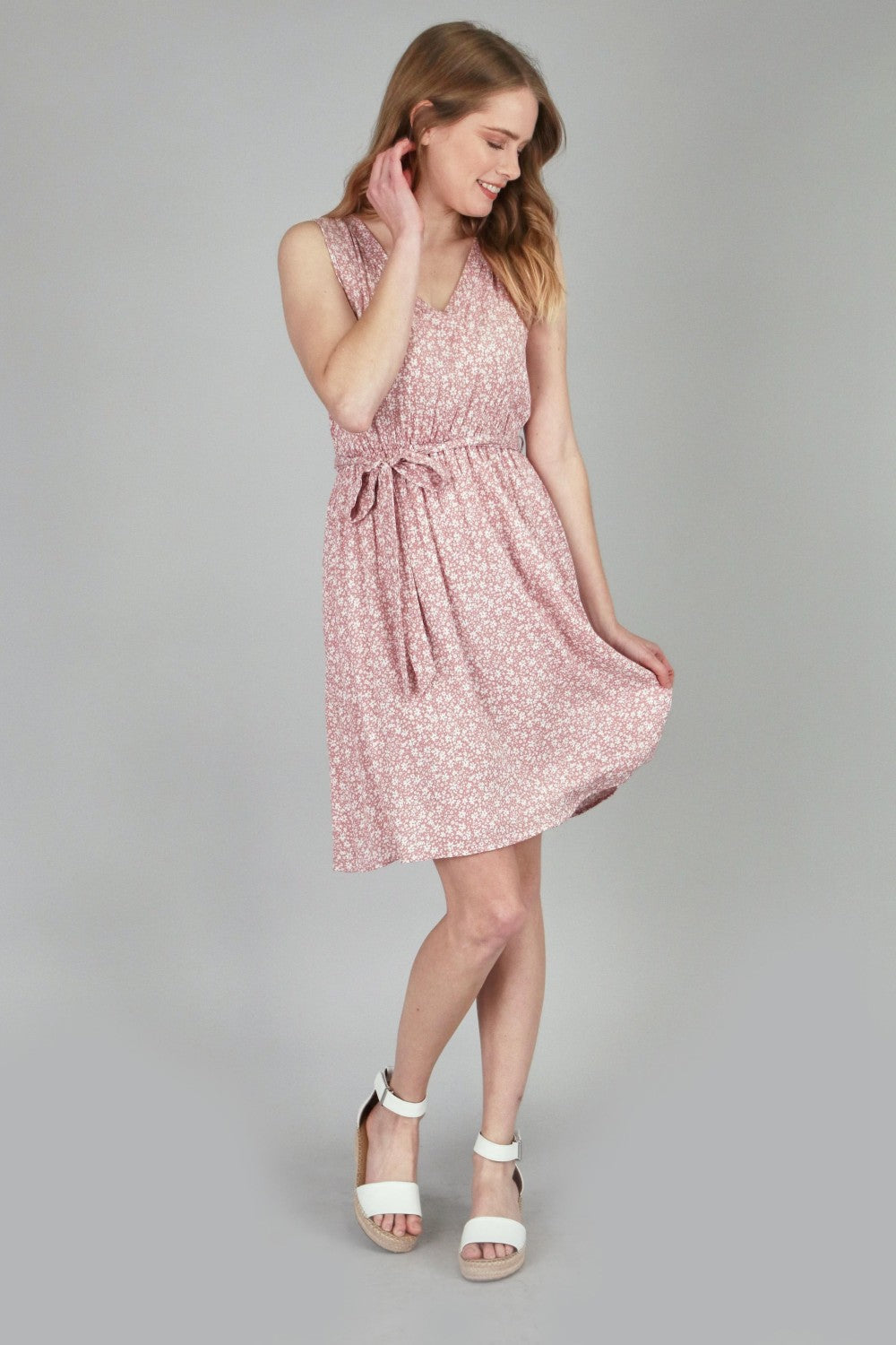 P18075 Woven Floral Sleeveless Dress - Pink