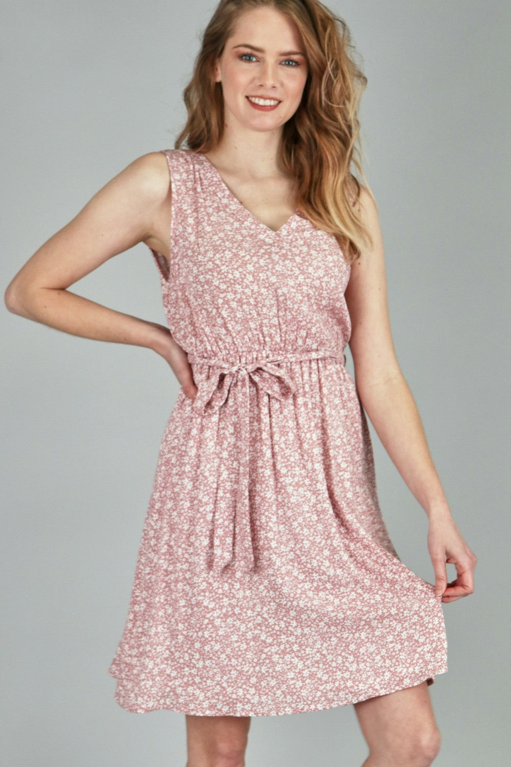 P18075 Woven Floral Sleeveless Dress - Pink