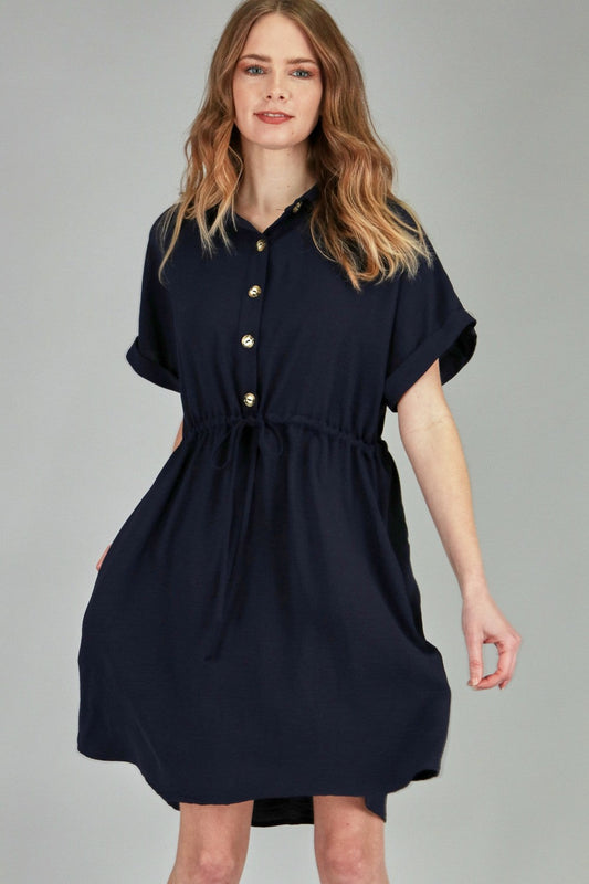 P18146 Woven Button Dress w/ Pocket - Navy / Mocha