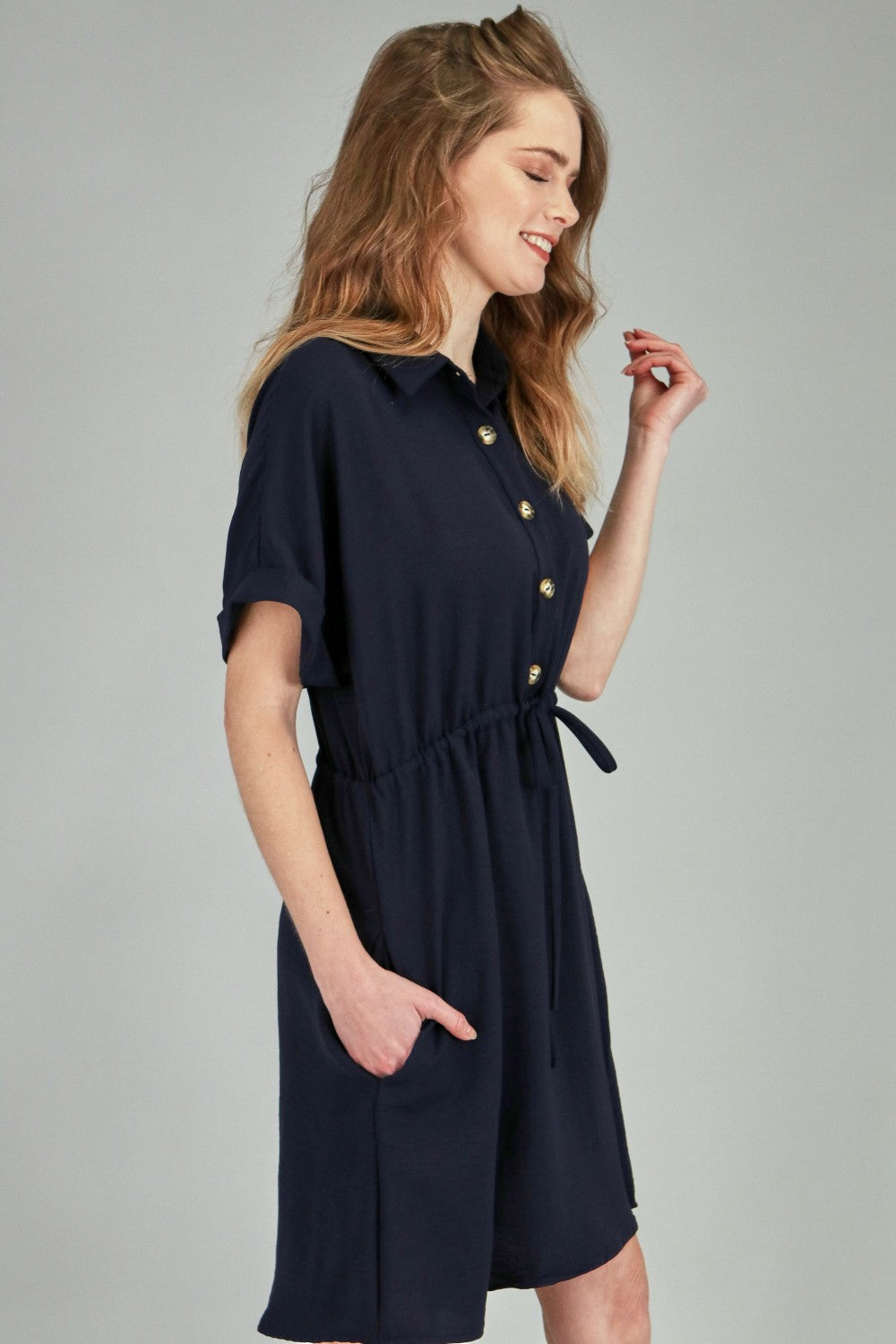 P18146 Woven Button Dress w/ Pocket - Navy / Mocha