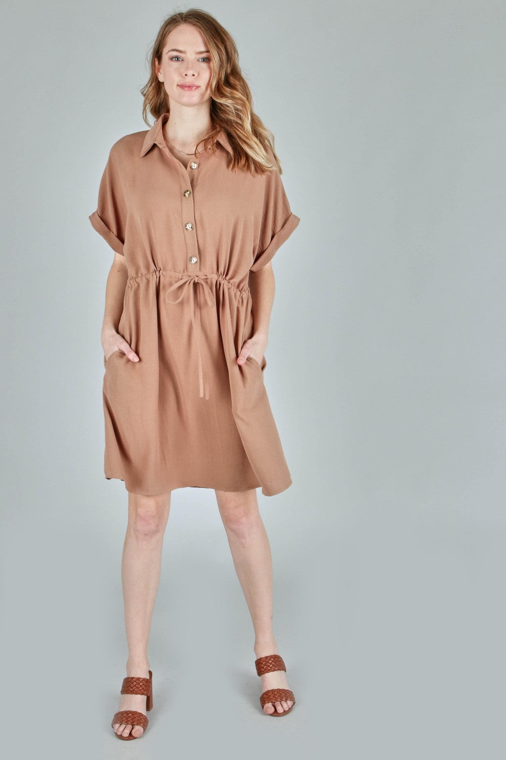 P18146 Woven Button Dress w/ Pocket - Navy / Mocha