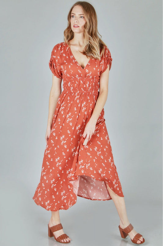 P18167 Print Crepon Maxi Dress - Terracotta / Black