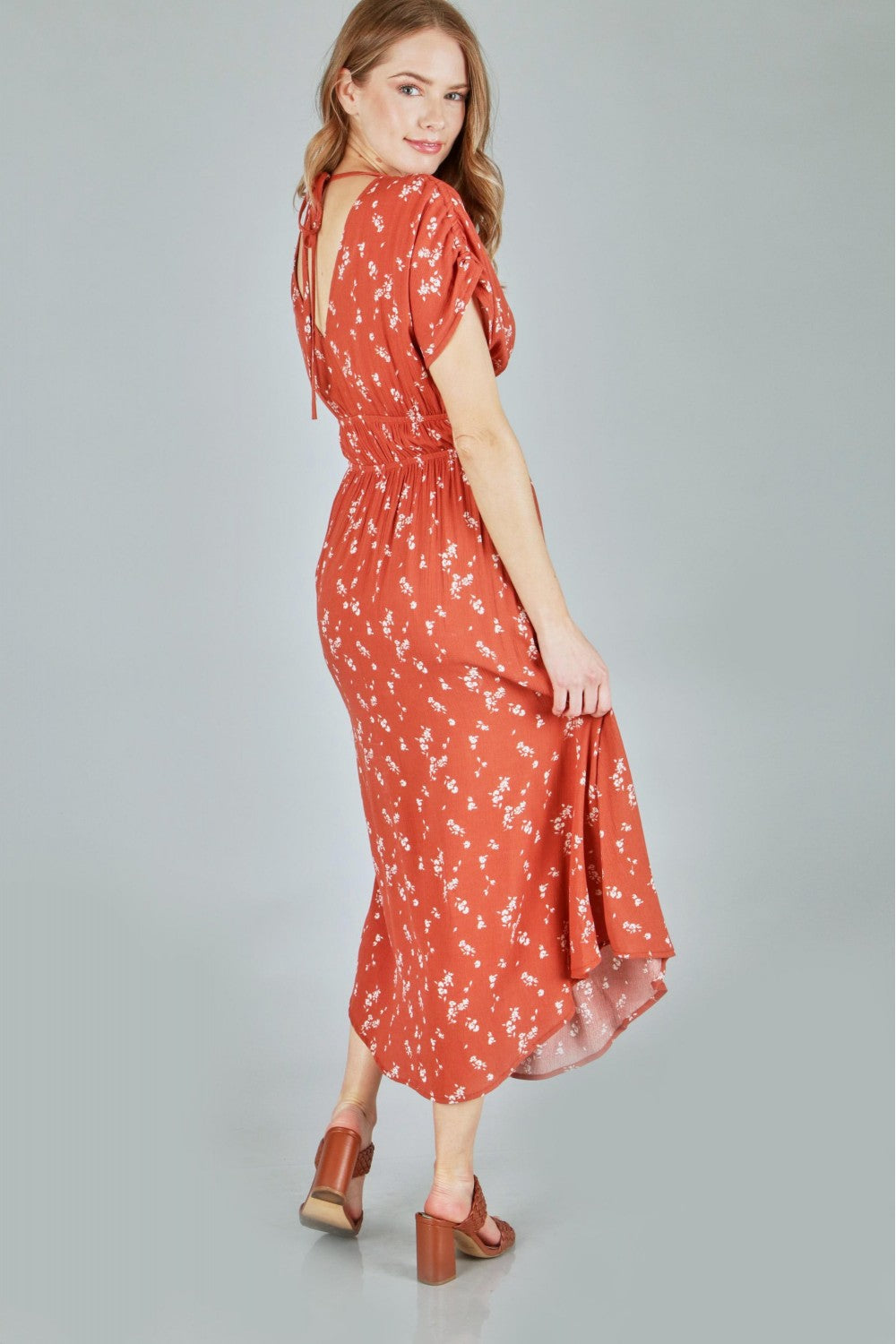 P18167 Print Crepon Maxi Dress - Terracotta / Black