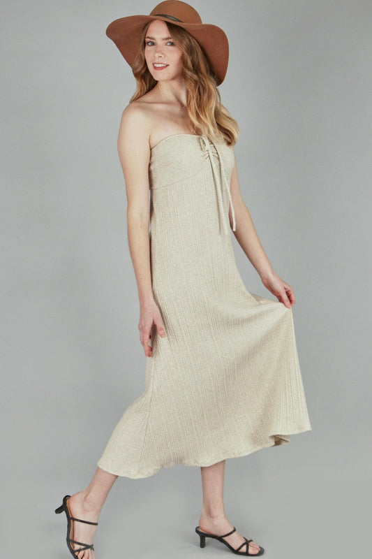 P18182 Solid Rib Long Tube Dress w/ Front String - Oatmeal