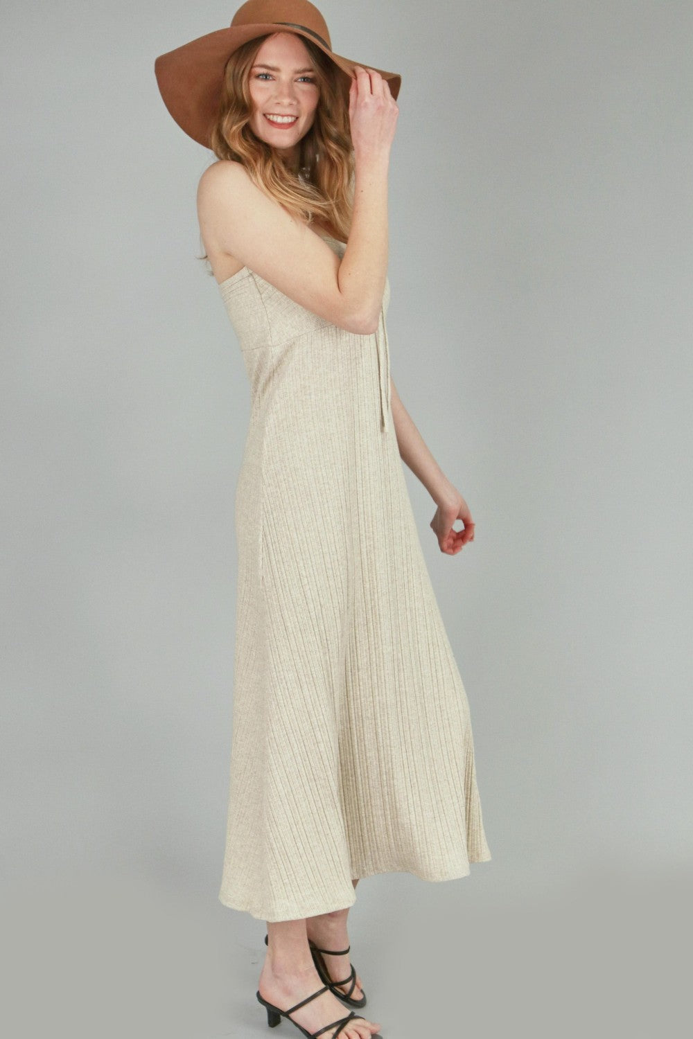 P18182 Solid Rib Long Tube Dress w/ Front String - Oatmeal