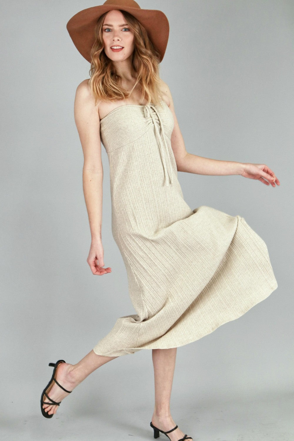 P18182 Solid Rib Long Tube Dress w/ Front String - Oatmeal