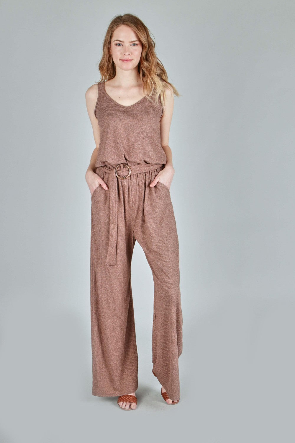 P18183 Two-Tone Solid Rib Sleeveless Jumpsuit - Mocha / Charcoal