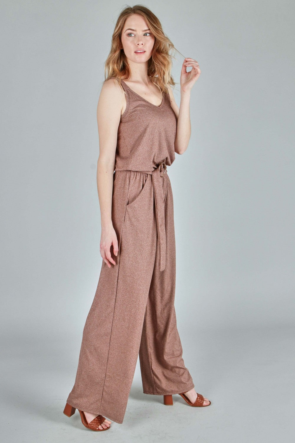 P18183 Two-Tone Solid Rib Sleeveless Jumpsuit - Mocha / Charcoal