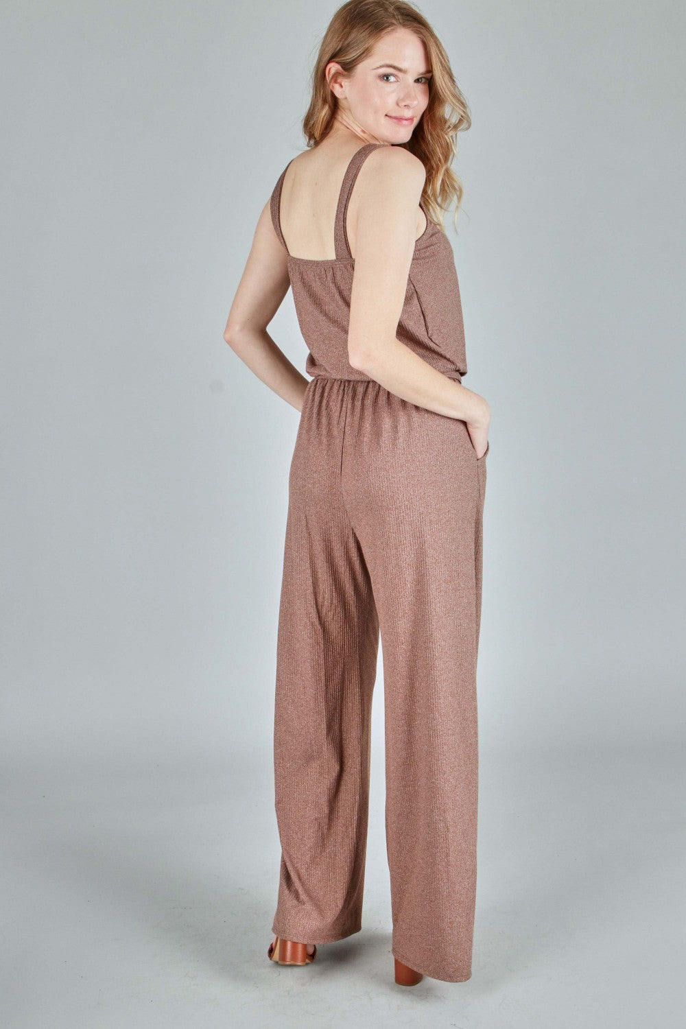 P18183 Two-Tone Solid Rib Sleeveless Jumpsuit - Mocha / Charcoal