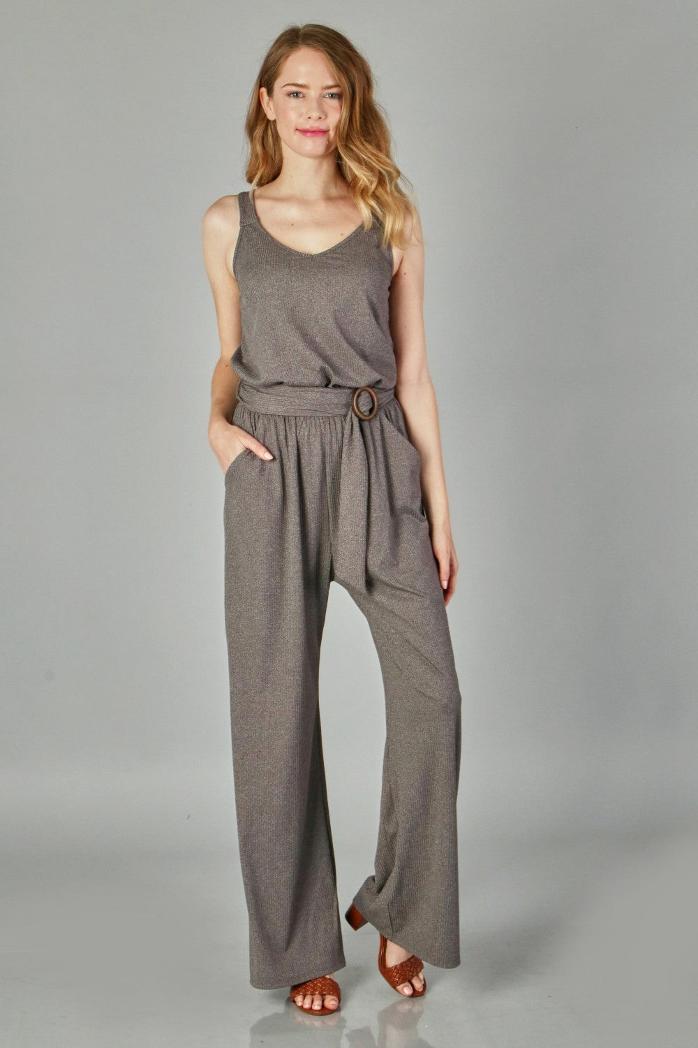 P18183 Two-Tone Solid Rib Sleeveless Jumpsuit - Mocha / Charcoal