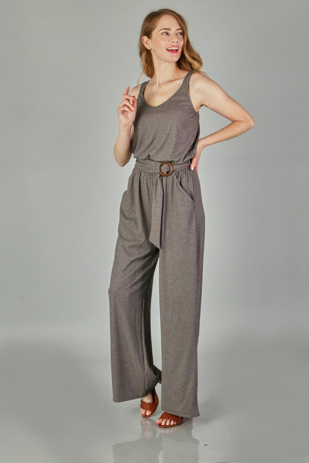 P18183 Two-Tone Solid Rib Sleeveless Jumpsuit - Mocha / Charcoal