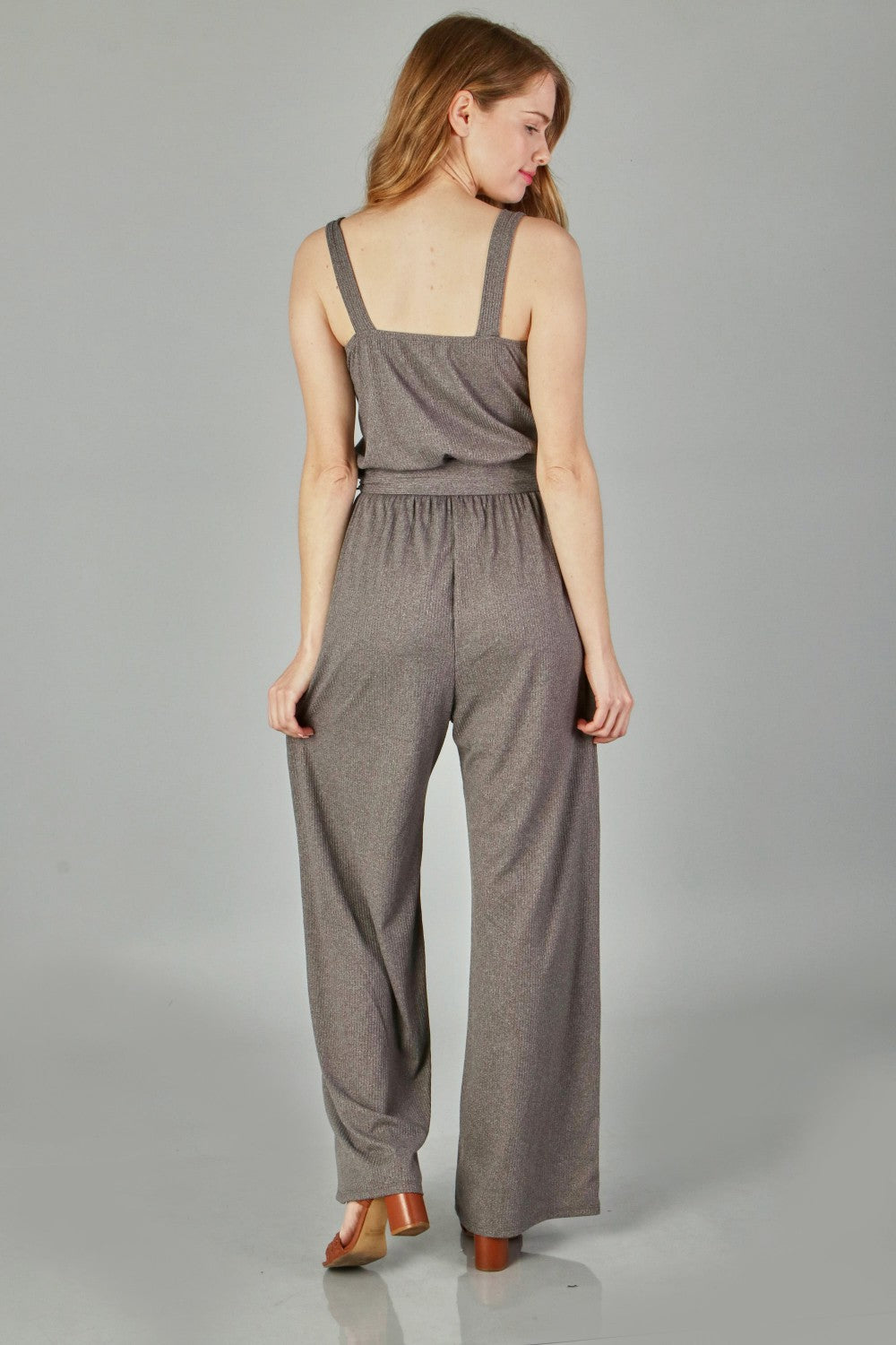 P18183 Two-Tone Solid Rib Sleeveless Jumpsuit - Mocha / Charcoal