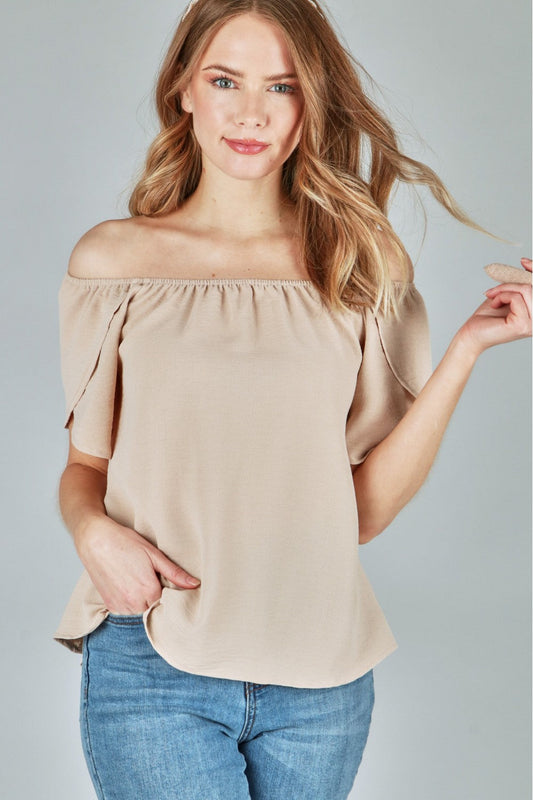 P18207 Woven Double-Cap Short Sleeve Top - Taupe / Black