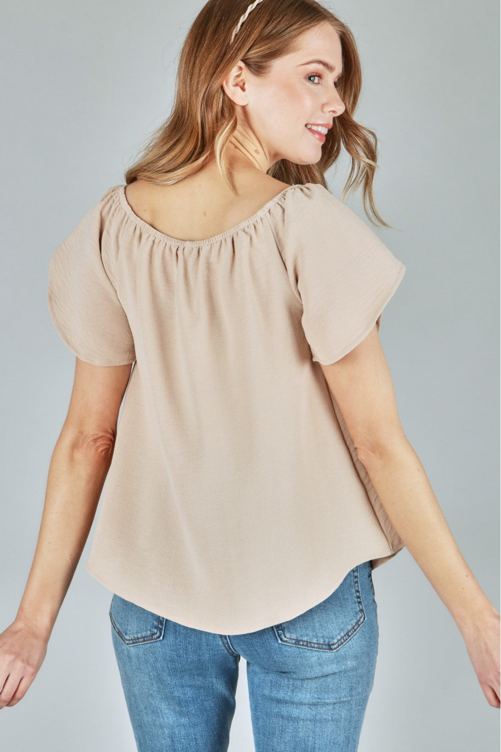 P18207 Woven Double-Cap Short Sleeve Top - Taupe / Black