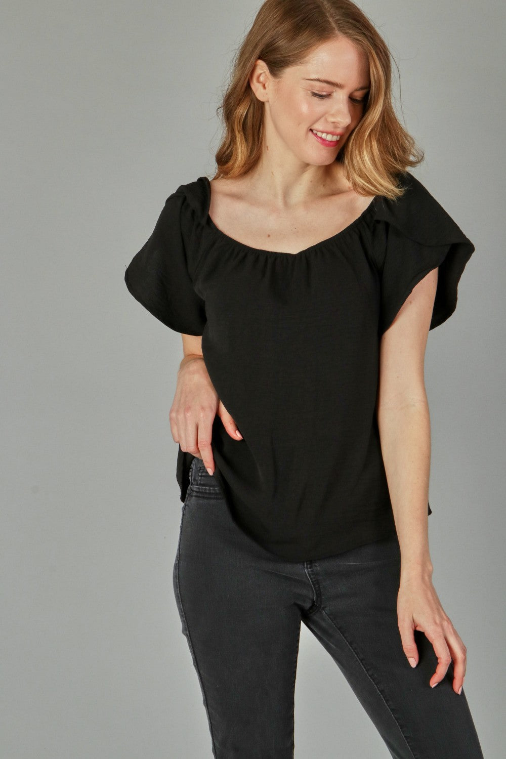 P18207 Woven Double-Cap Short Sleeve Top - Taupe / Black