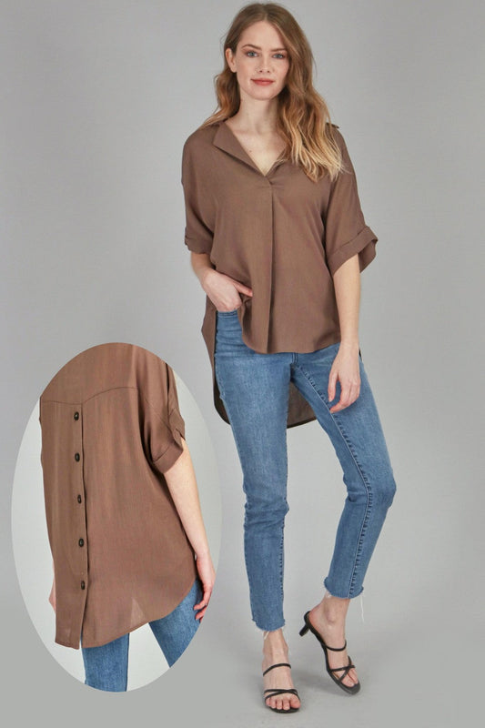 P18210 Woven Collar Shirt w/ Back Buttons - Mocha / Brick / Black