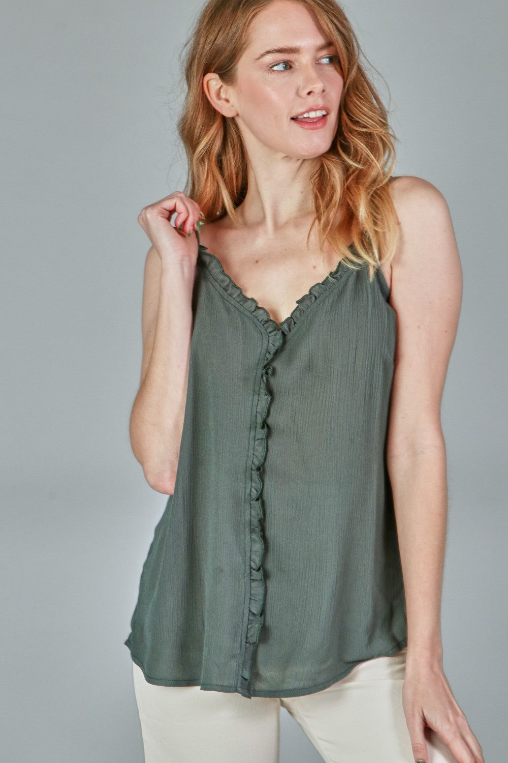 P18381 Crepon Ruffle Cami Top - Teal / Rust / Mocha / Black