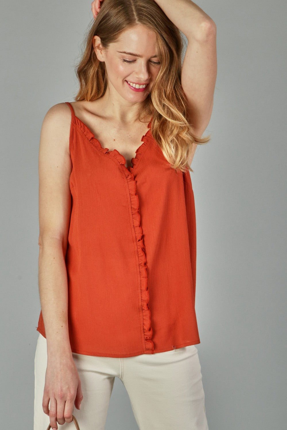 P18381 Crepon Ruffle Cami Top - Teal / Rust / Mocha / Black