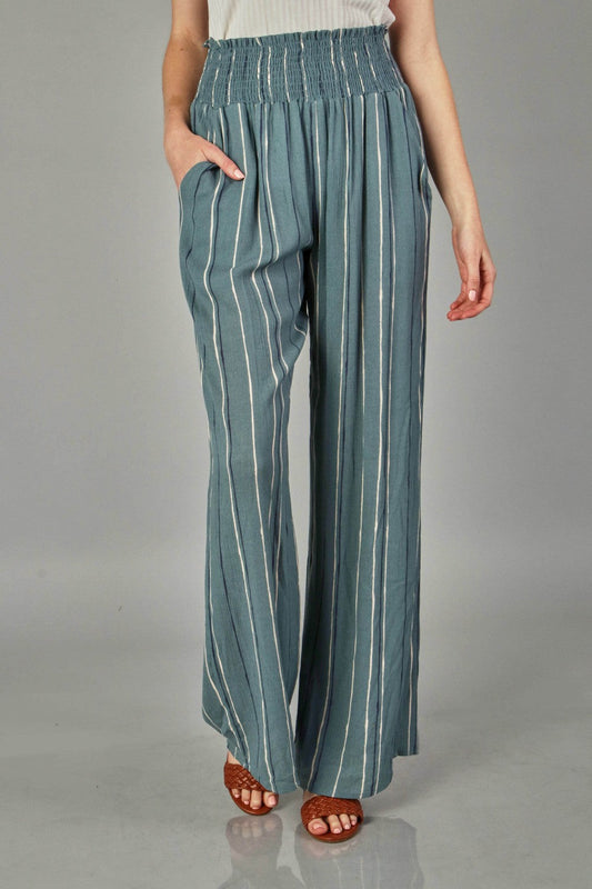 P18390 Woven Stripe Elastic Waist Pants - Teal