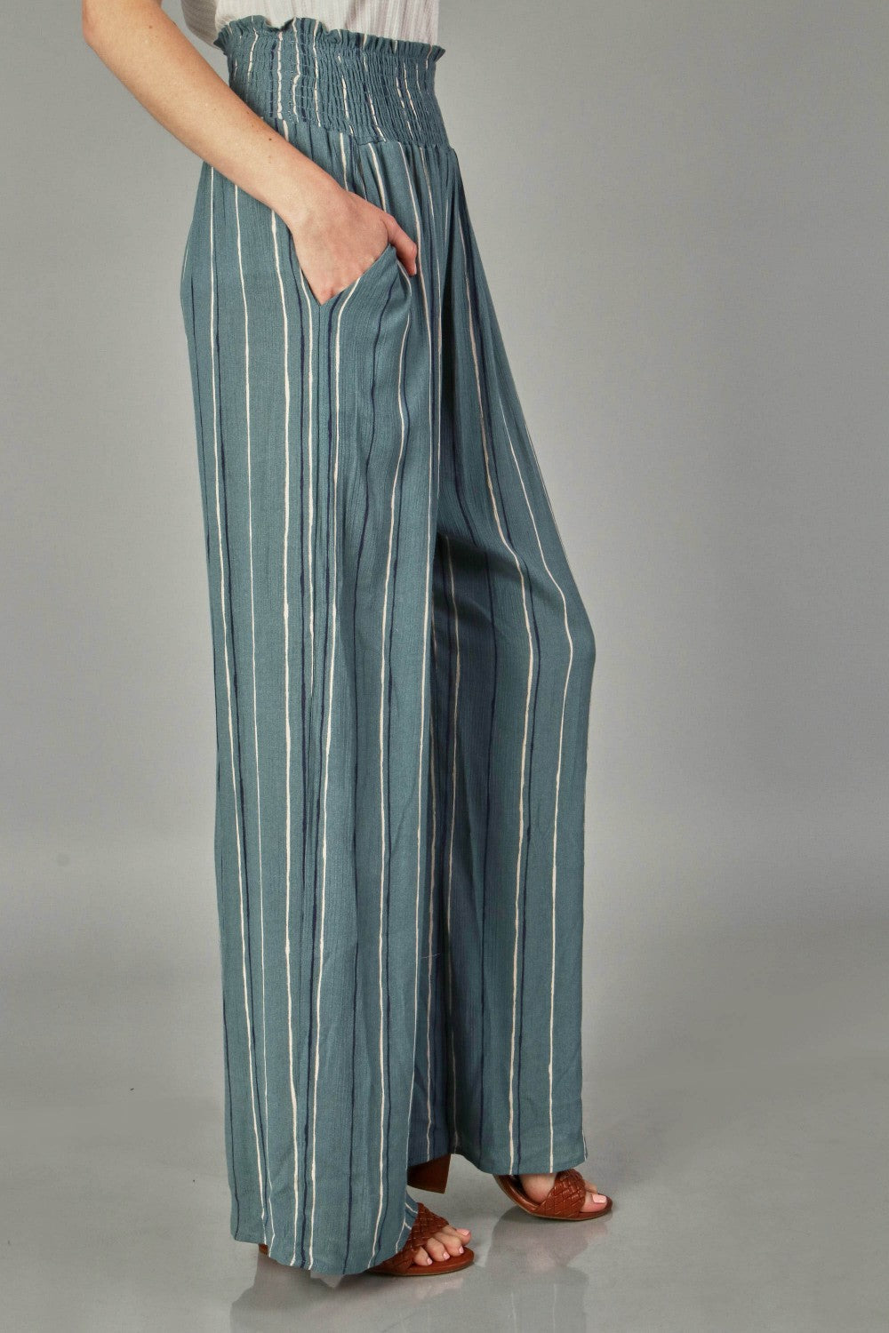 P18390 Woven Stripe Elastic Waist Pants - Teal