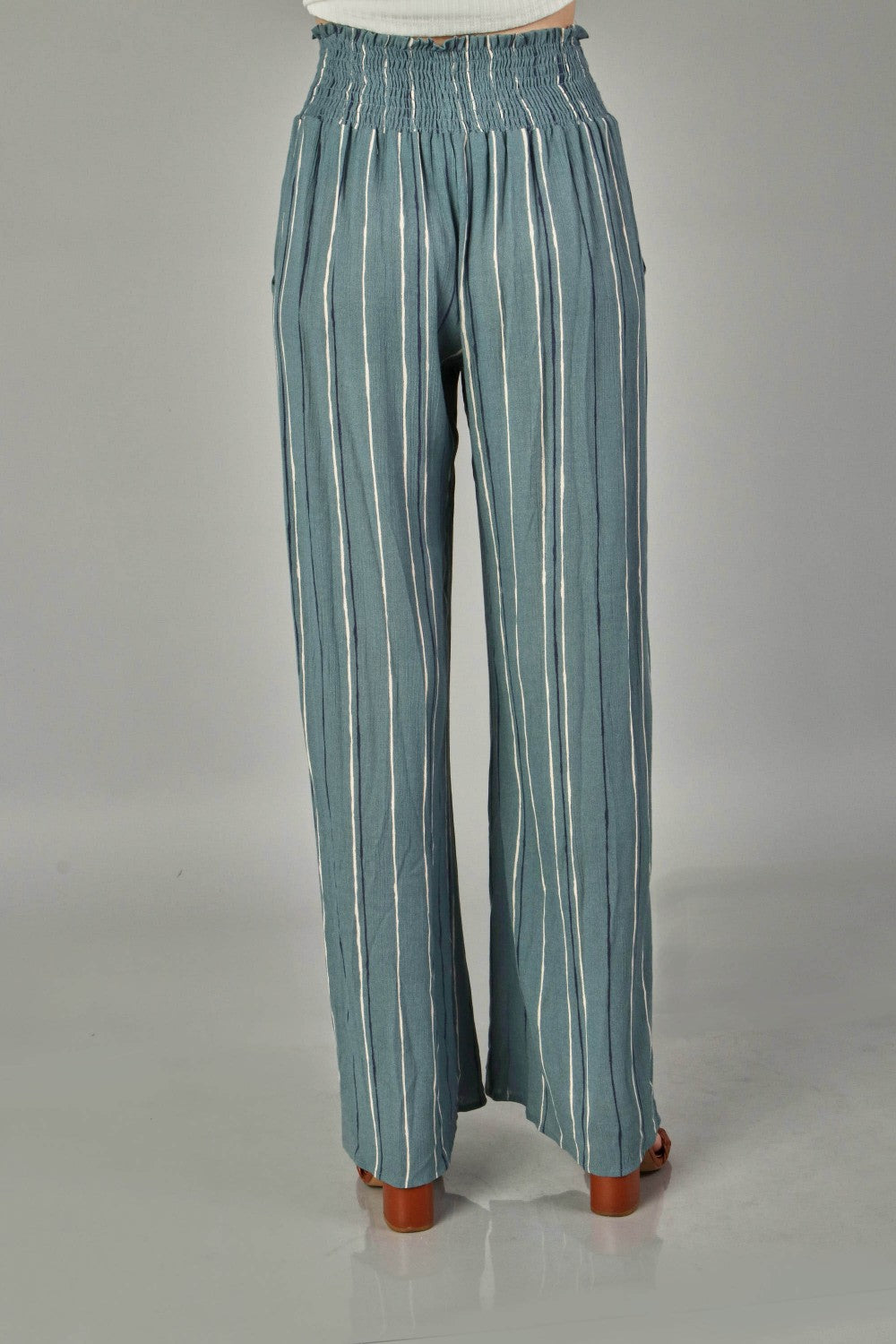 P18390 Woven Stripe Elastic Waist Pants - Teal