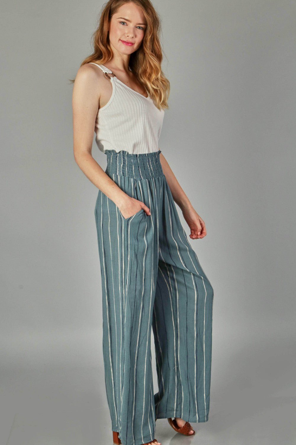 P18390 Woven Stripe Elastic Waist Pants - Teal