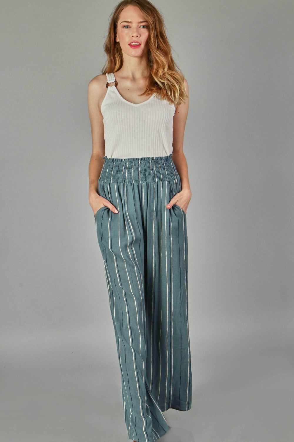 P18390 Woven Stripe Elastic Waist Pants - Teal