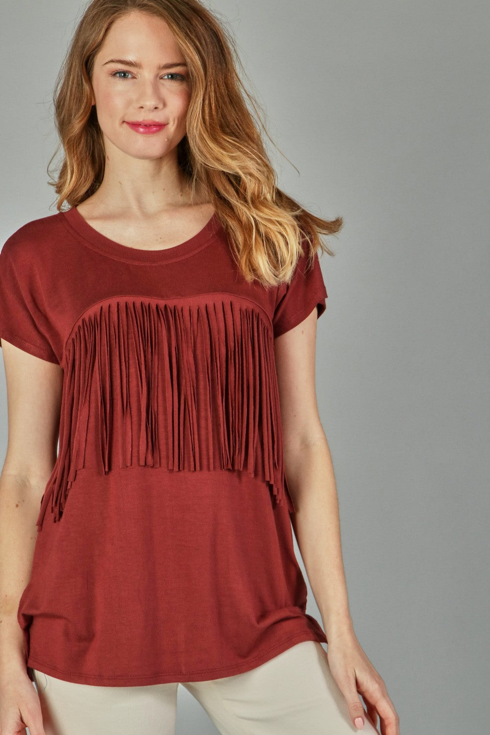 P18406 Front Fringe Top - Brick / Mocha / Navy / Charcoal