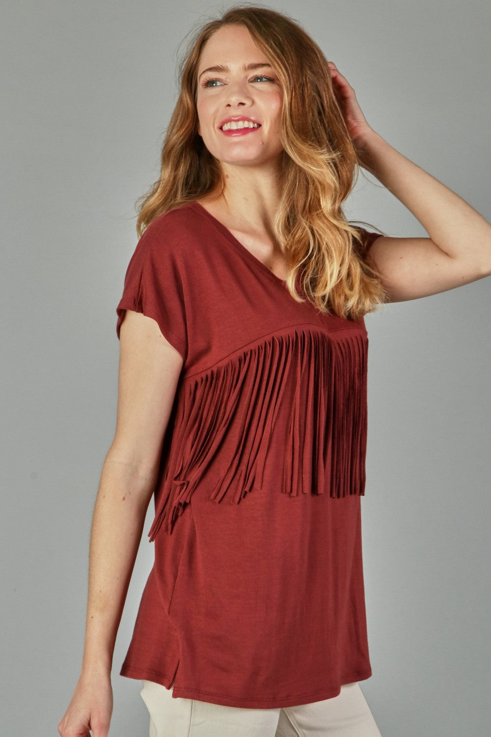 P18406 Front Fringe Top - Brick / Mocha / Navy / Charcoal