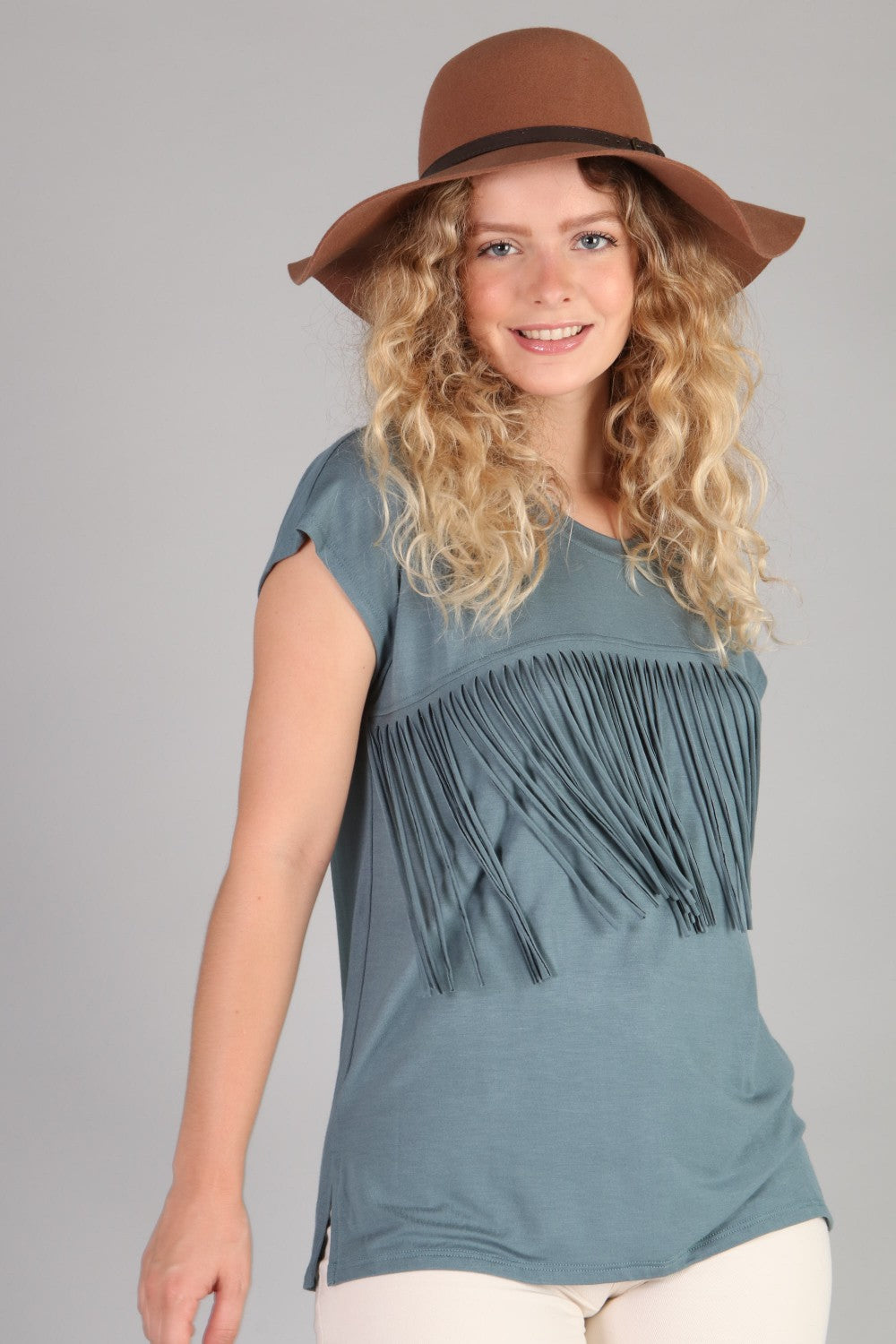 P18406 Front Fringe Top - Brick / Mocha / Navy / Charcoal