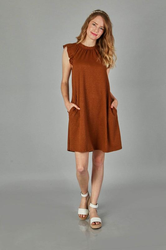 P18408 Rib Pocket Ruffle Shoulder Dress - Chocolate / Olive