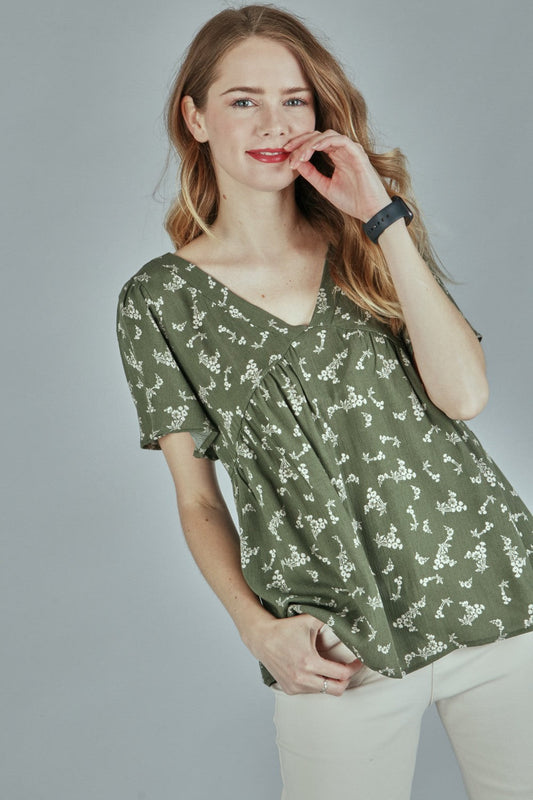 P18444 Woven Short Sleeve Top - Olive / Rust