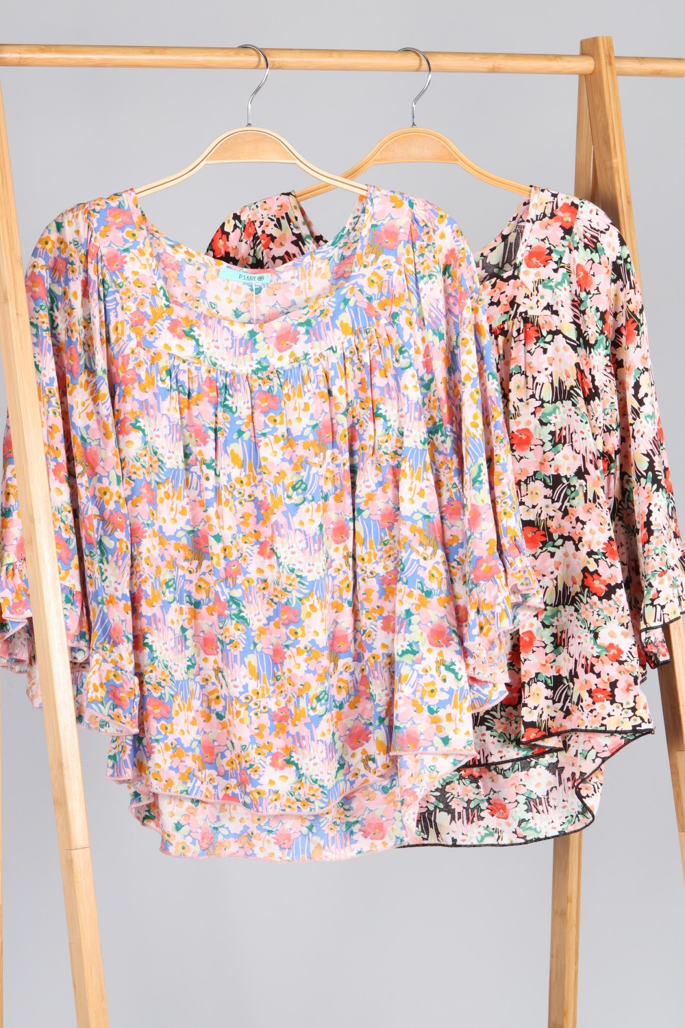 P18446 Woven Floral Top - Blue & Orange / Black & Red