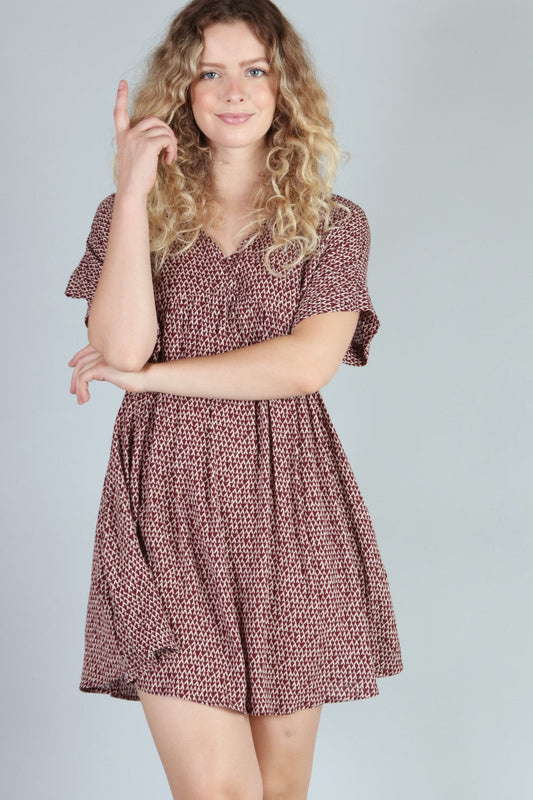 P18479 Woven Print Dress - Burgundy / Olive