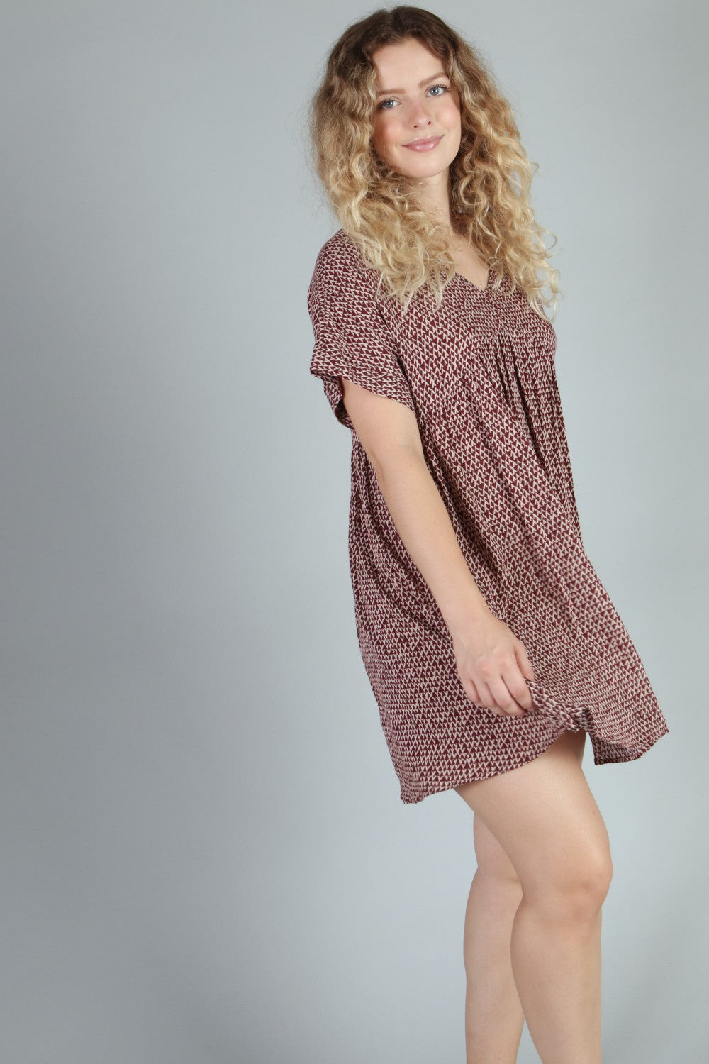 P18479 Woven Print Dress - Burgundy / Olive