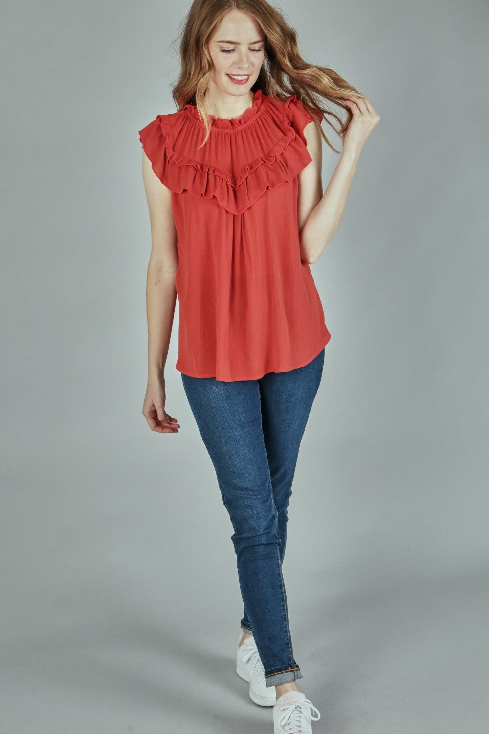 P18490 Crepon Sleeveless Top - Vermillion / Teal