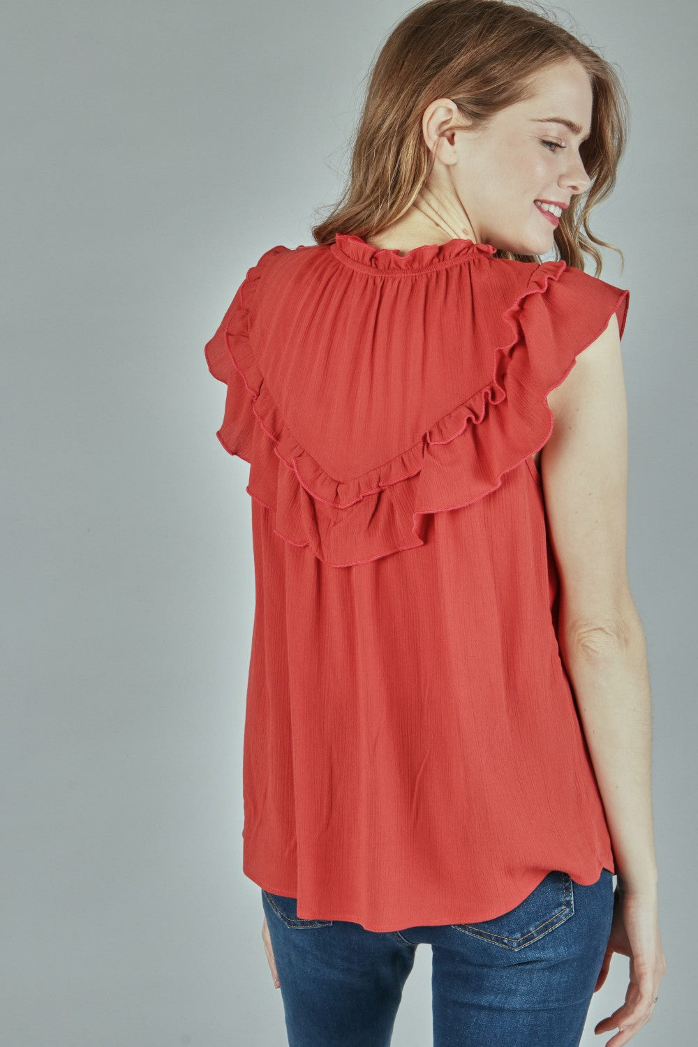 P18490 Crepon Sleeveless Top - Vermillion / Teal