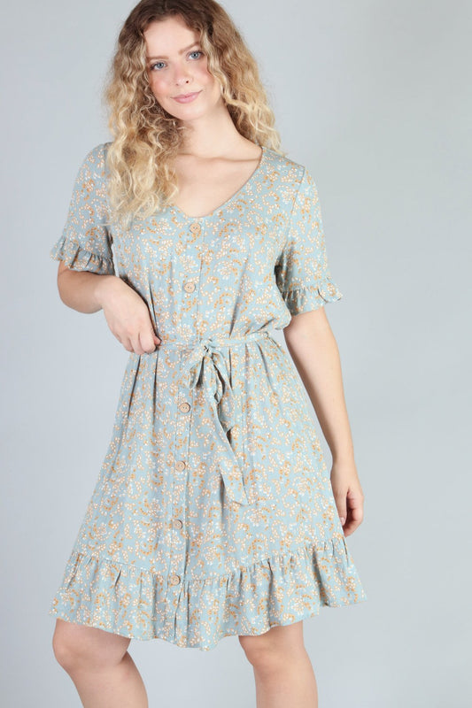 P18499 Buttoned Floral Woven Dress - Teal & Camel