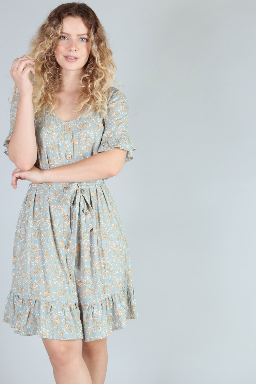 P18499 Buttoned Floral Woven Dress - Teal & Camel