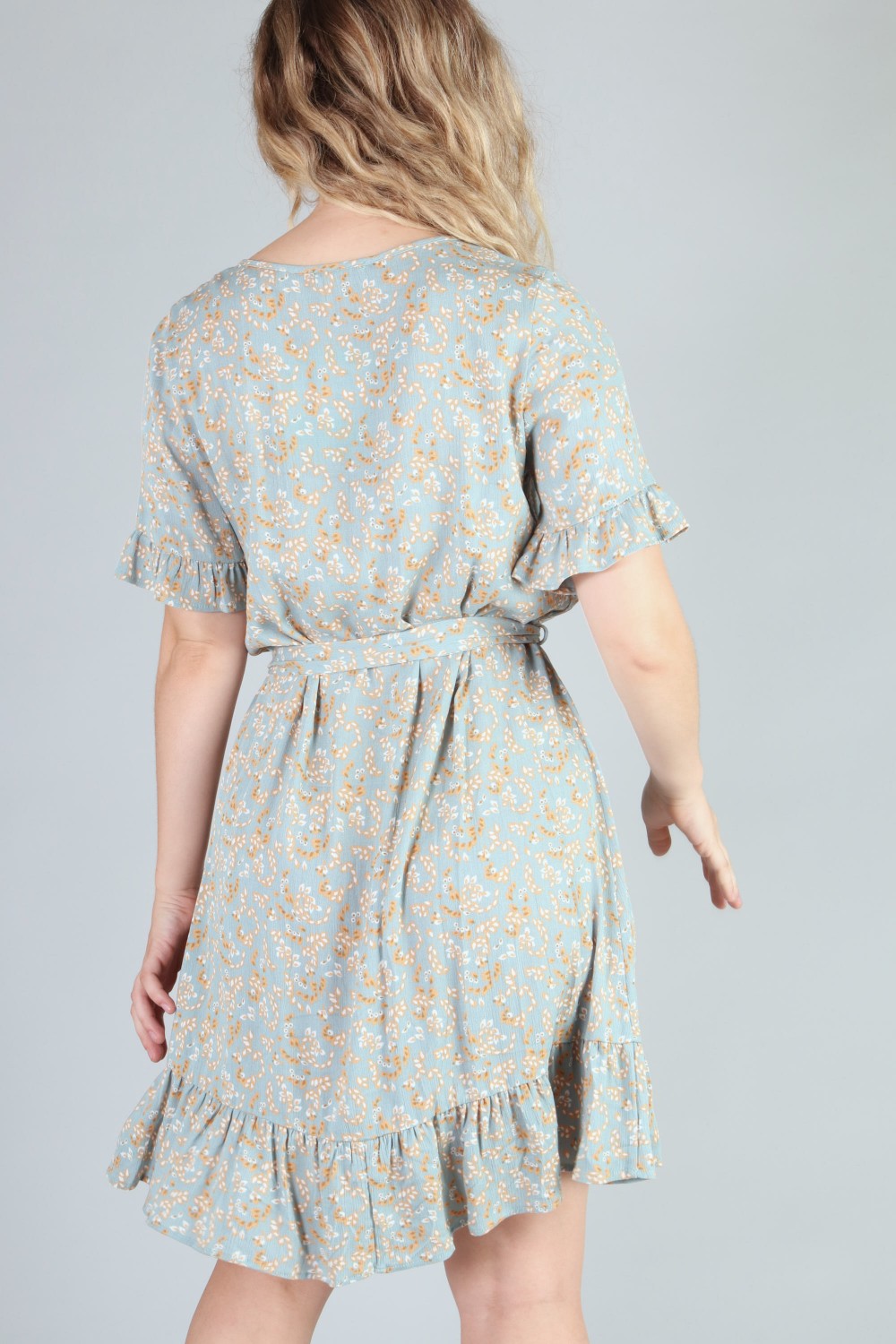 P18499 Buttoned Floral Woven Dress - Teal & Camel