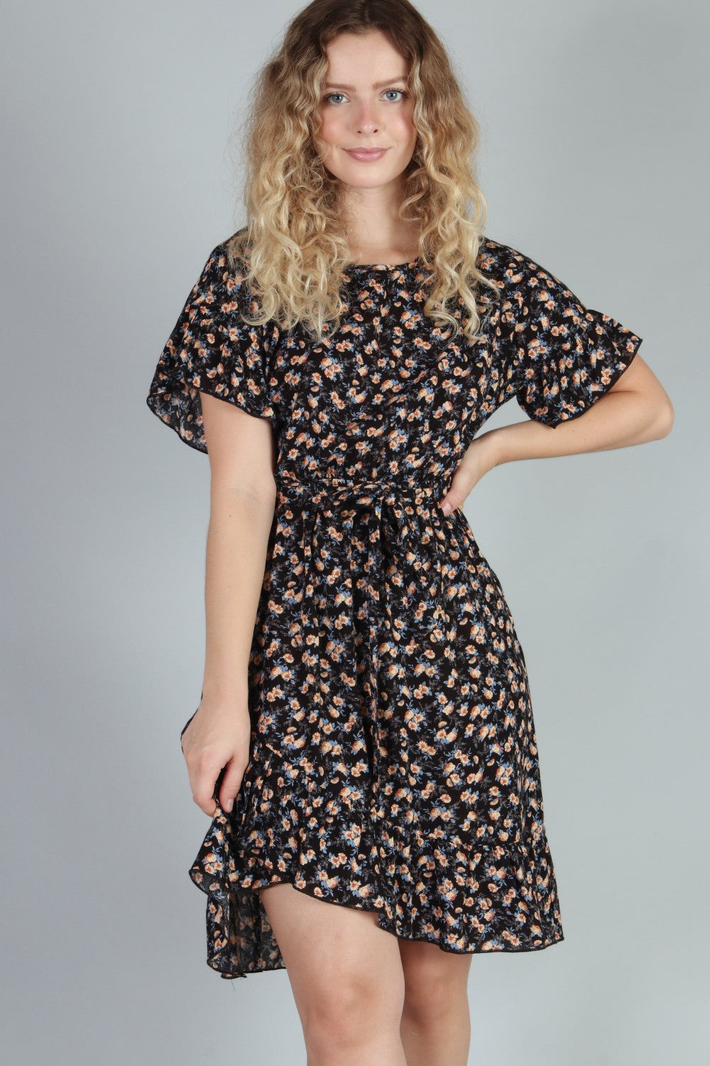 P18500 Floral Woven Dress - Black / Burgundy