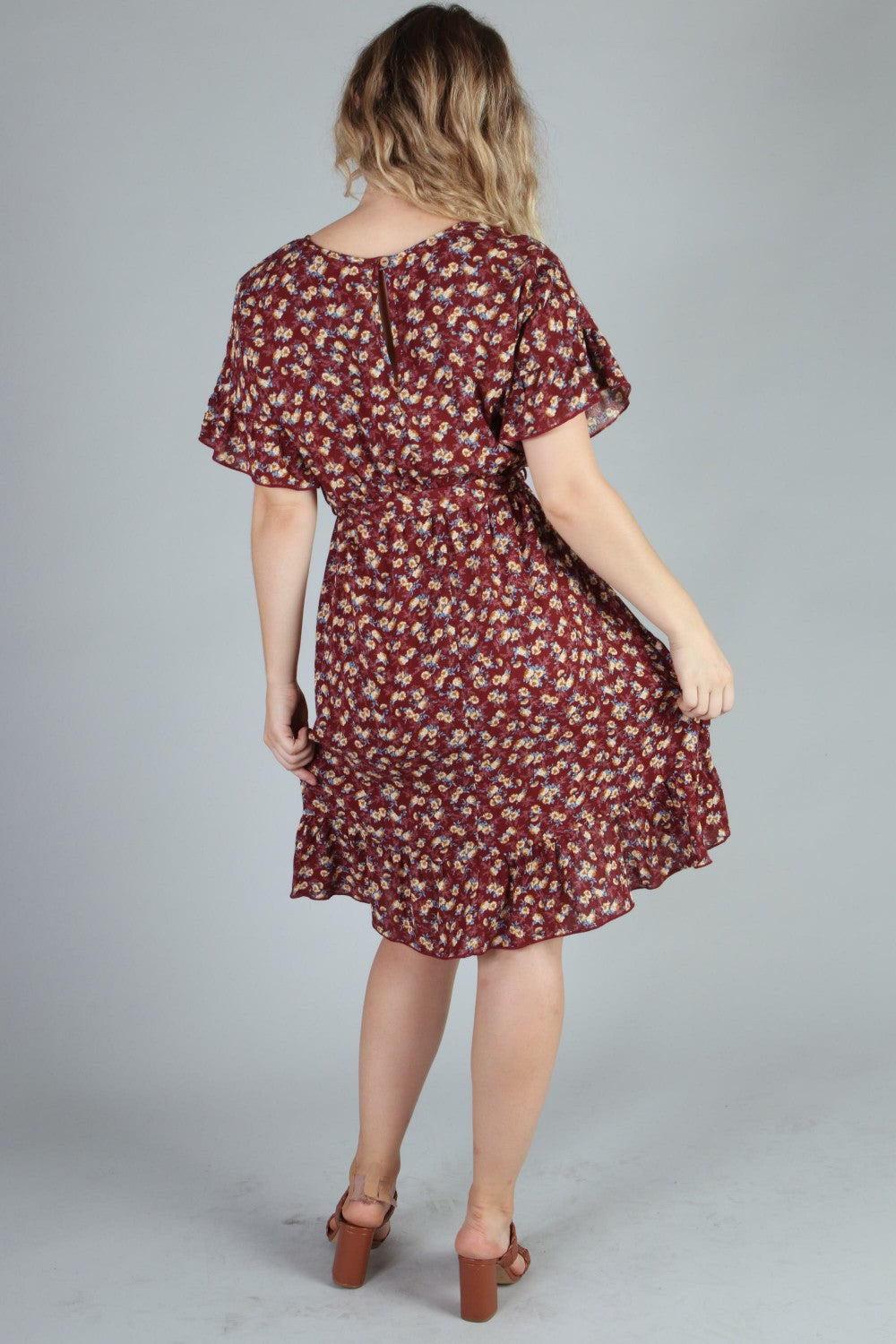 P18500 Floral Woven Dress - Black / Burgundy